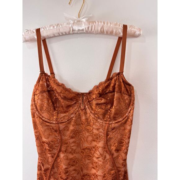 Popilush Brown Bodycon Dress Stretch Lace Floral Sweetheart Spaghetti M Medium - Picture 3 of 8